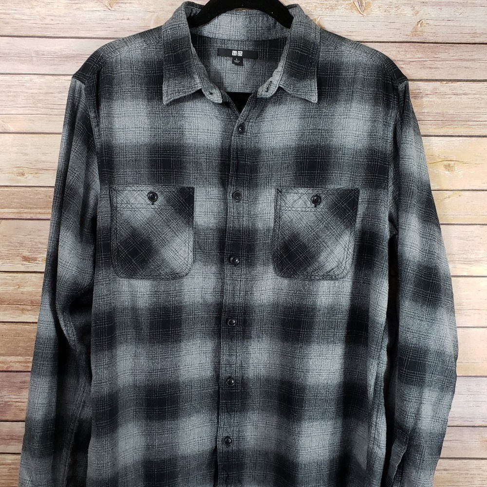 Uniqlo Men's L Flannel Shirt Grey Black Cotton EUC